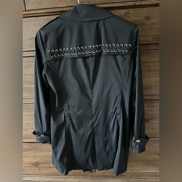 St John SoCa Black Light-Weight Trench Coat Leopard Lined Sz Petite Small - Picture 7 of 7